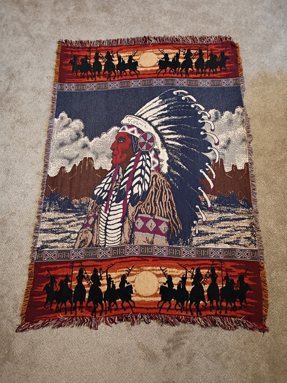 Native American Chief Woven Throw Blanket - Red, Navy, Brown